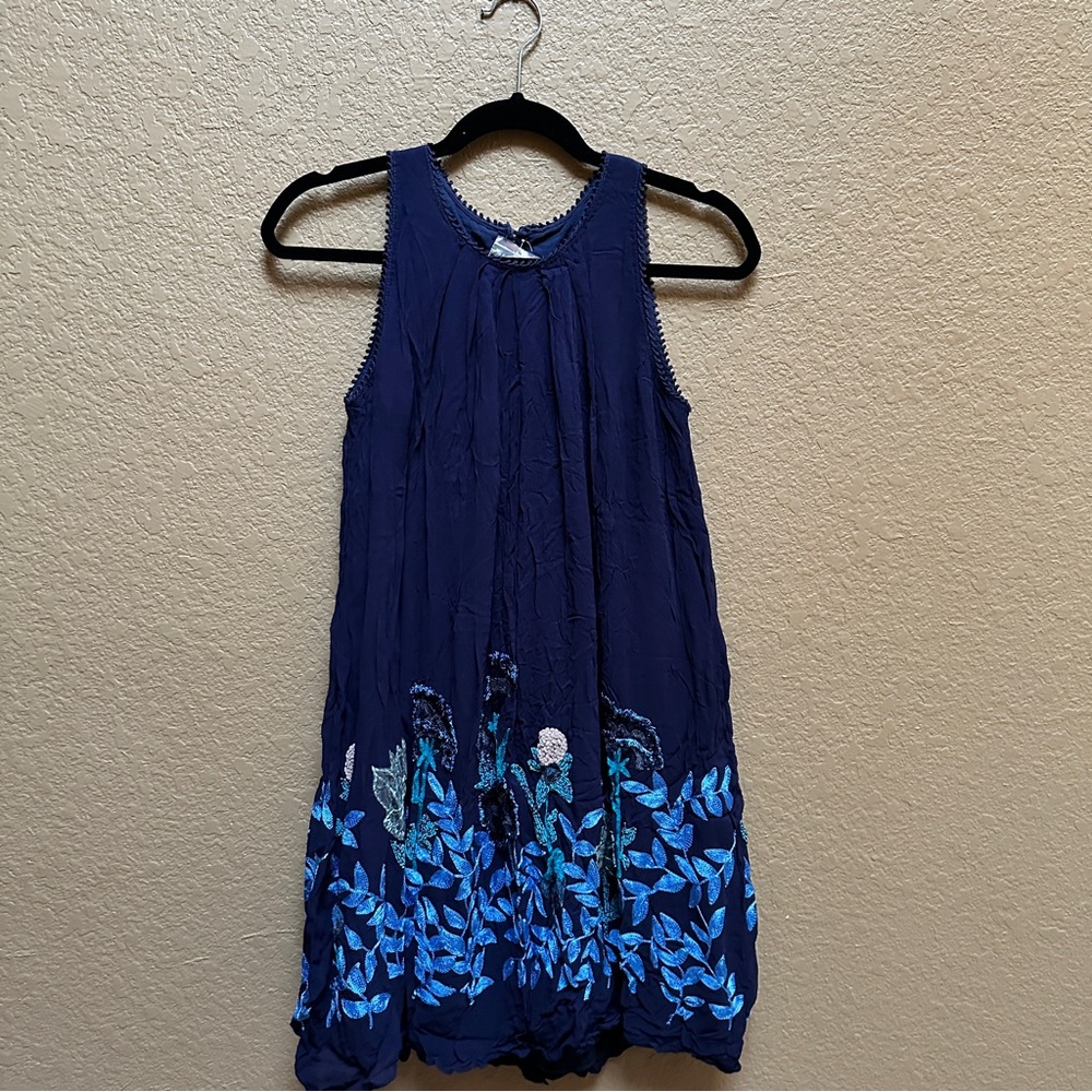 Anthropologie Navy Blue Dress with Floral Embroidery